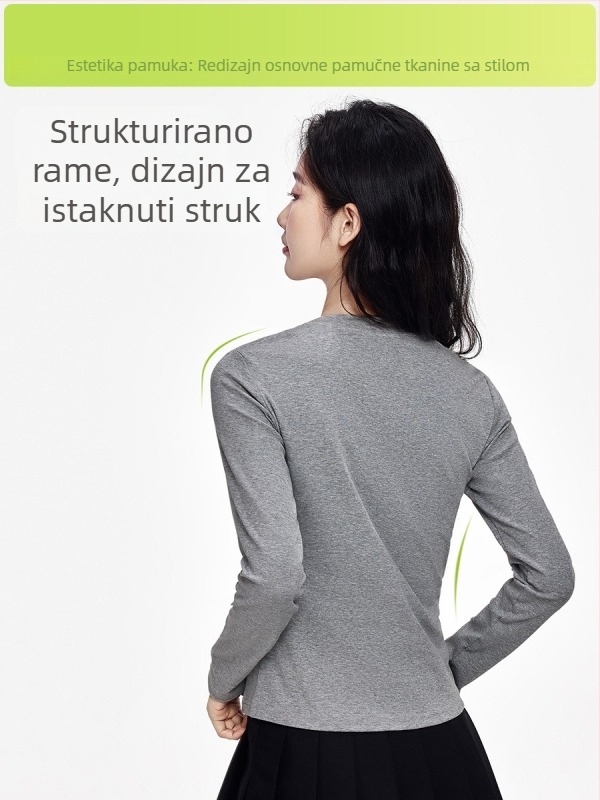 Slim-fit T-shirt s dugim rukavima, okrugli izrez, jednobojni uzorak, pamuk dominira 90–95%, poliester ispod 30%