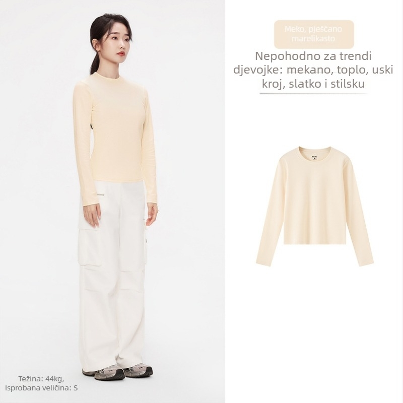 Slim-fit T-shirt s dugim rukavima, okrugli izrez, jednobojni uzorak, pamuk dominira 90–95%, poliester ispod 30%