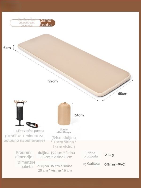 Naduvivi madrac za kampiranje s četkanom površinom; prenosni madrac za vanjsku i kućnu upotrebu; površina od kompozitne tkanine