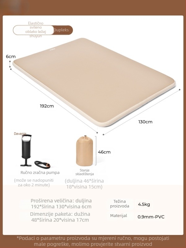 Naduvivi madrac za kampiranje s četkanom površinom; prenosni madrac za vanjsku i kućnu upotrebu; površina od kompozitne tkanine