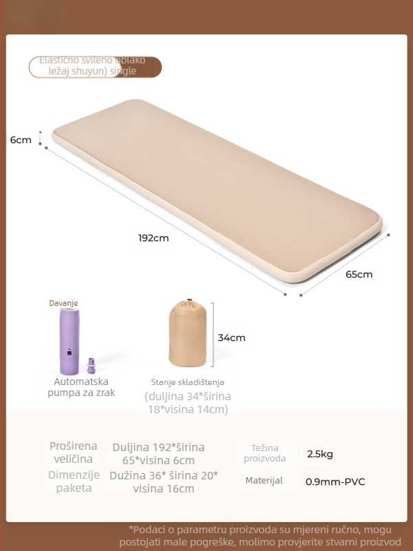 Naduvivi madrac za kampiranje s četkanom površinom; prenosni madrac za vanjsku i kućnu upotrebu; površina od kompozitne tkanine