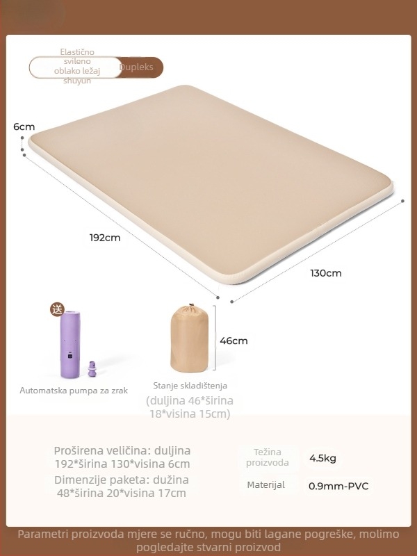 Naduvivi madrac za kampiranje s četkanom površinom; prenosni madrac za vanjsku i kućnu upotrebu; površina od kompozitne tkanine