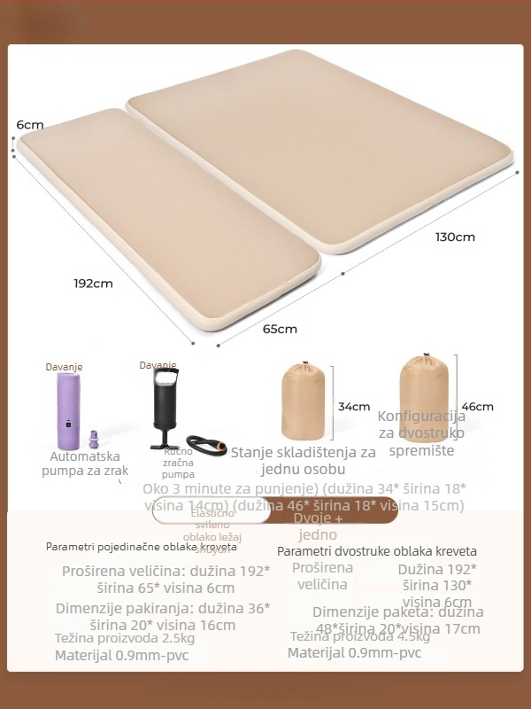 Naduvivi madrac za kampiranje s četkanom površinom; prenosni madrac za vanjsku i kućnu upotrebu; površina od kompozitne tkanine