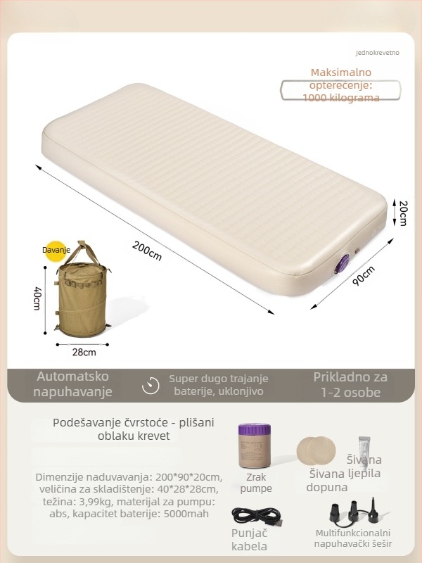 Naduvivi madrac za kampiranje s četkanom površinom; prenosni madrac za vanjsku i kućnu upotrebu; površina od kompozitne tkanine