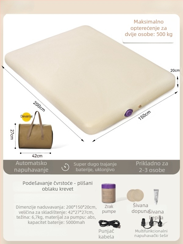 Naduvivi madrac za kampiranje s četkanom površinom; prenosni madrac za vanjsku i kućnu upotrebu; površina od kompozitne tkanine