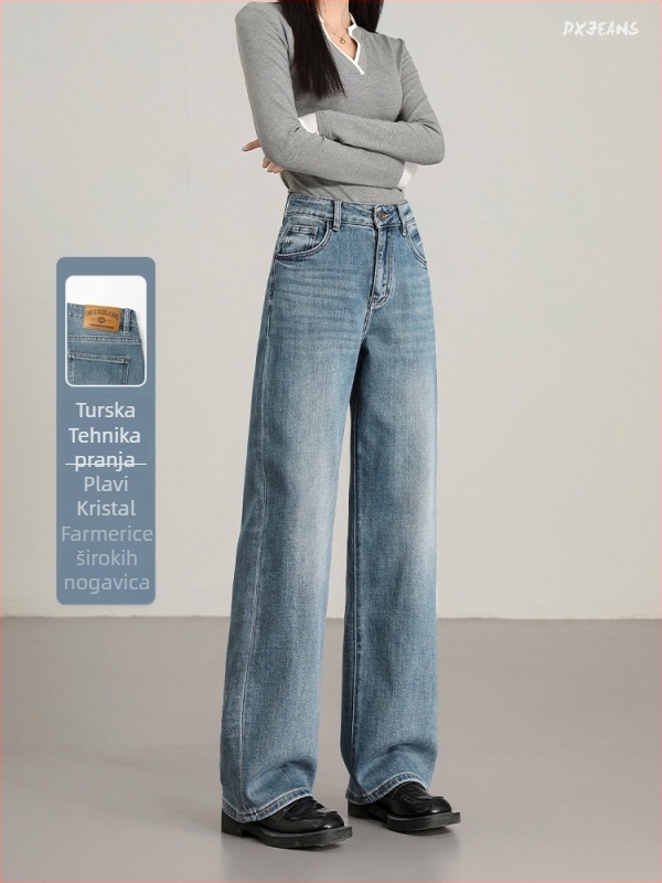 Milk Velvet denim hlače – visokim strukom, široke nogavice; pamuk-elastan (50–70% pamuk, <30% elastan), bez glačanja