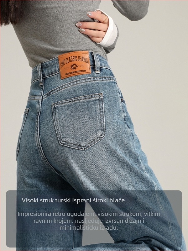 Milk Velvet denim hlače – visokim strukom, široke nogavice; pamuk-elastan (50–70% pamuk, <30% elastan), bez glačanja