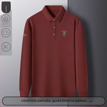 Poslovna polo majica s vezom - dugi rukavi, slobodan kroj, pamuk