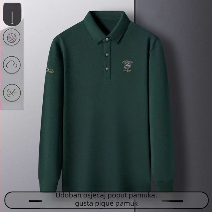 Poslovna polo majica s vezom - dugi rukavi, slobodan kroj, pamuk