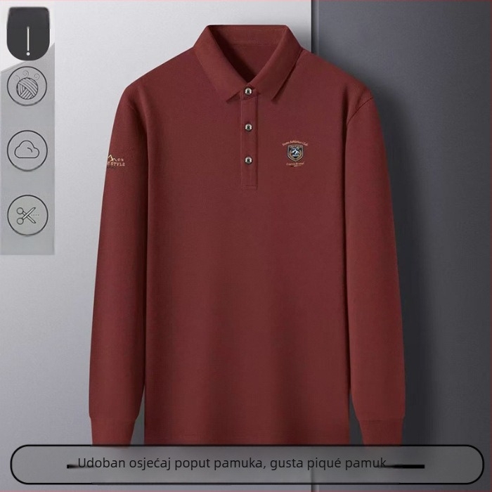 Poslovna polo majica s vezom - dugi rukavi, slobodan kroj, pamuk