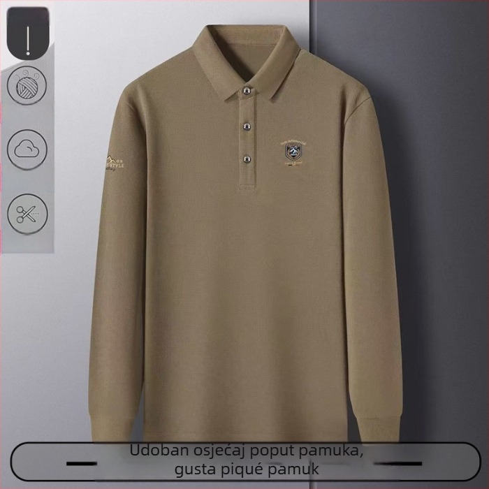 Poslovna polo majica s vezom - dugi rukavi, slobodan kroj, pamuk