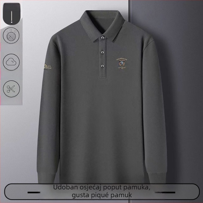 Poslovna polo majica s vezom - dugi rukavi, slobodan kroj, pamuk