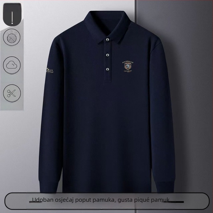 Poslovna polo majica s vezom - dugi rukavi, slobodan kroj, pamuk