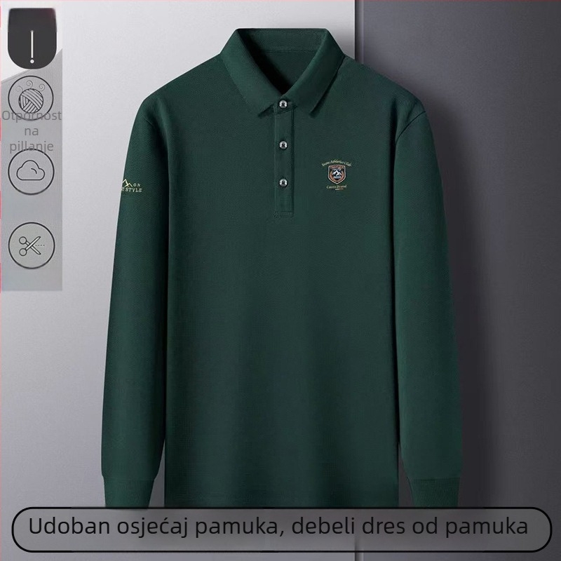 Poslovna polo majica s vezom - dugi rukavi, slobodan kroj, pamuk