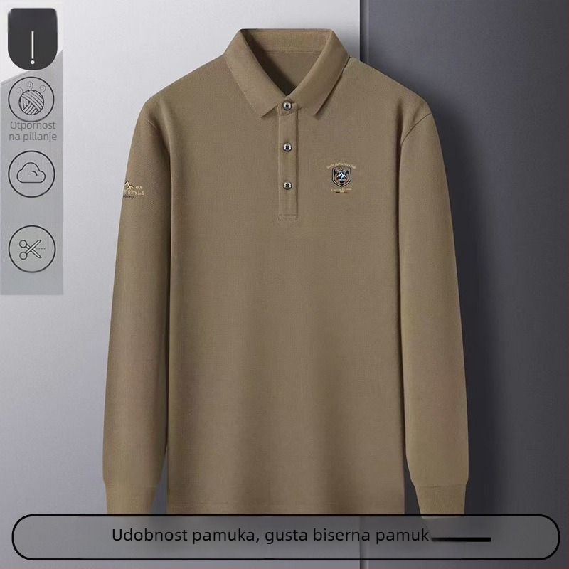 Poslovna polo majica s vezom - dugi rukavi, slobodan kroj, pamuk