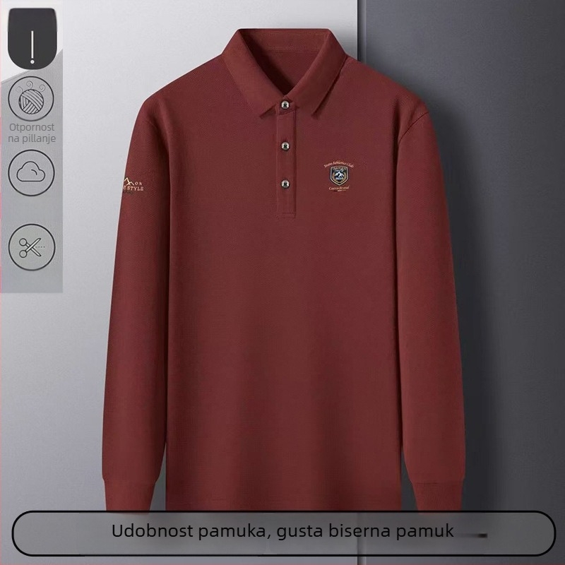 Poslovna polo majica s vezom - dugi rukavi, slobodan kroj, pamuk