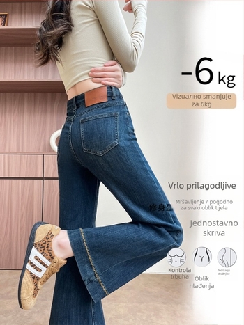 Ženske traperice s izvezenim detaljima i flis podstavom, visokim strukom, zvonaste nogavice, duljina 9/10, jesen-zima 2025