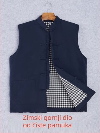 Muška pamučna vest u kineskom stilu, udoban kroj, pamuk tkanina i podstava, džepovi s trodimenzionalnim patch-om, svakodnevna zimska odjeća, Zima 2024