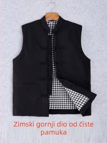 Muška pamučna vest u kineskom stilu, udoban kroj, pamuk tkanina i podstava, džepovi s trodimenzionalnim patch-om, svakodnevna zimska odjeća, Zima 2024