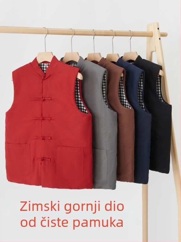 Muška pamučna vest u kineskom stilu, udoban kroj, pamuk tkanina i podstava, džepovi s trodimenzionalnim patch-om, svakodnevna zimska odjeća, Zima 2024