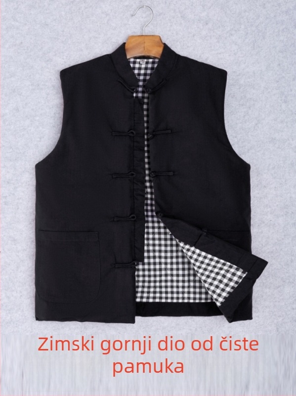 Muška pamučna vest u kineskom stilu, udoban kroj, pamuk tkanina i podstava, džepovi s trodimenzionalnim patch-om, svakodnevna zimska odjeća, Zima 2024