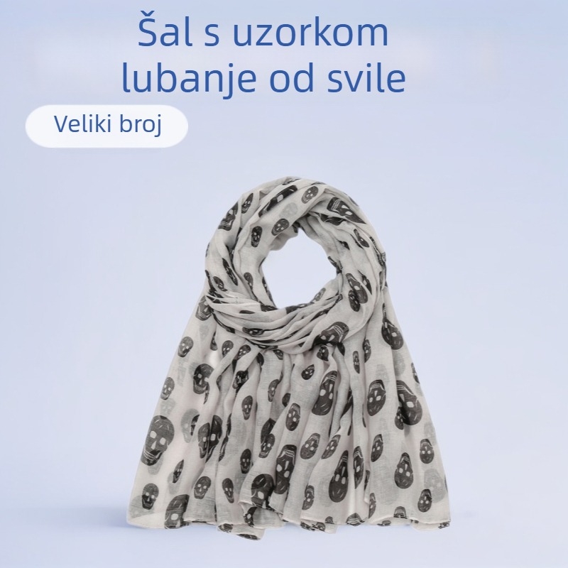 Šal s printom lubanje, lagani voil, ravno pletenje, brzo sušenje, zaštita od sunca, otpor prašini, za ljeto