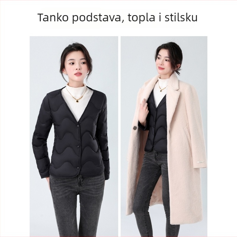 Ženska unutarnja podstava jakne s perjem, uski kroj, ultra kratka dužina, punilo: bijela pačja perja, tkanina chenille