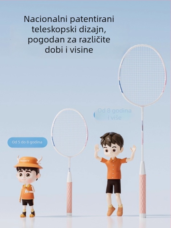 Set reketa za badminton za djecu i mlade, ultra lagan, izdržljiv za trening (singlovi i dvojke), 95–100 g, okvir od aluminijske legure, vlaknaste žice, srednja čvrstoća