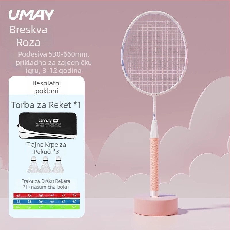 Set reketa za badminton za djecu i mlade, ultra lagan, izdržljiv za trening (singlovi i dvojke), 95–100 g, okvir od aluminijske legure, vlaknaste žice, srednja čvrstoća