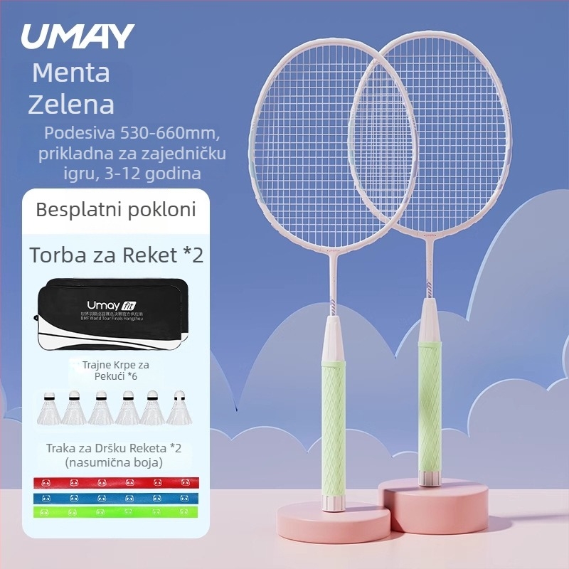 Set reketa za badminton za djecu i mlade, ultra lagan, izdržljiv za trening (singlovi i dvojke), 95–100 g, okvir od aluminijske legure, vlaknaste žice, srednja čvrstoća