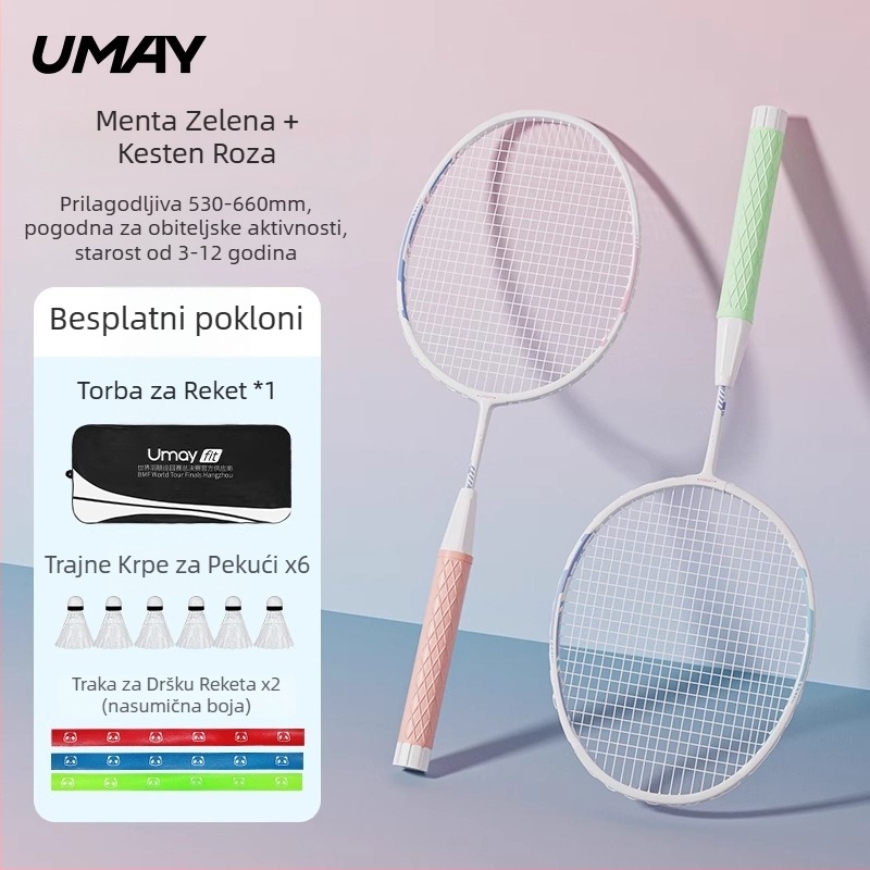 Set reketa za badminton za djecu i mlade, ultra lagan, izdržljiv za trening (singlovi i dvojke), 95–100 g, okvir od aluminijske legure, vlaknaste žice, srednja čvrstoća