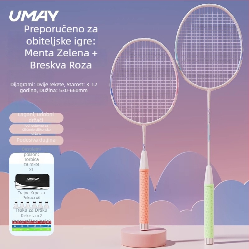 Set reketa za badminton za djecu i mlade, ultra lagan, izdržljiv za trening (singlovi i dvojke), 95–100 g, okvir od aluminijske legure, vlaknaste žice, srednja čvrstoća