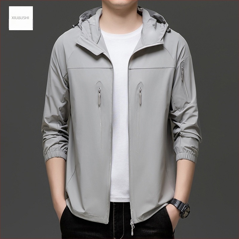 Muška kapuljačasta jakna za zaštitu od sunca, tkanina s 88% najlona u smjesi kemijskih vlakana, zatvarač, korejski stil, bočni džepovi