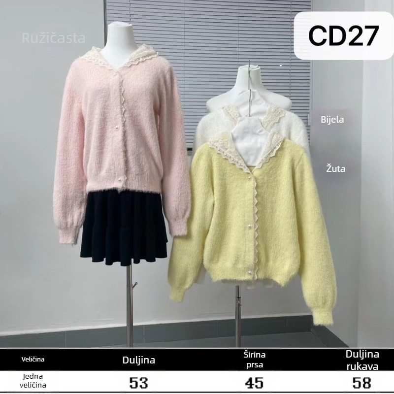 Ženski kardigan od umjetnog mink velura – debeli pleteni, jednobojni uzorak, slobodan kroj, čipasti rub