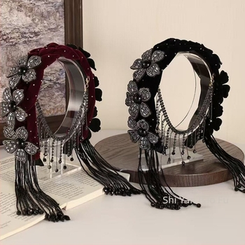 Dodaci za kosu – Velurova traka za kosu s 3D cvijetom i širokim rubom, resice i kristali, egzotični dvorski stil