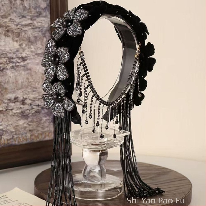 Dodaci za kosu – Velurova traka za kosu s 3D cvijetom i širokim rubom, resice i kristali, egzotični dvorski stil