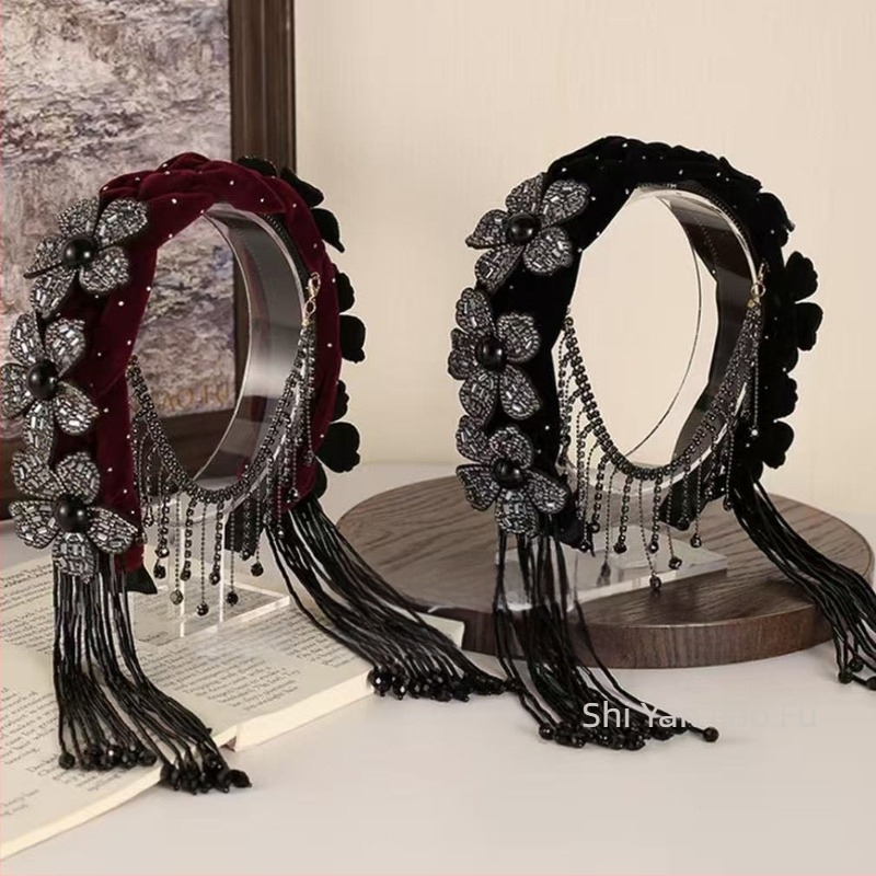 Dodaci za kosu – Velurova traka za kosu s 3D cvijetom i širokim rubom, resice i kristali, egzotični dvorski stil