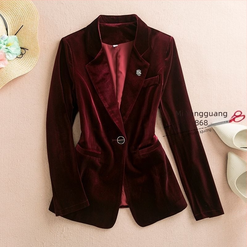 Ženski sako za kostim s polo ovratnikom, chenille tkanina s elastanom, jednostruko kopčanje, rukavi princeze, proljeće 2025