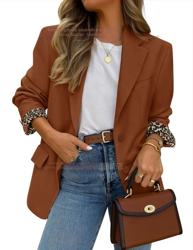Ženski blejzer s leopard uzorkom na reveru, patchwork poliester, dugi rukavi, britanski stil