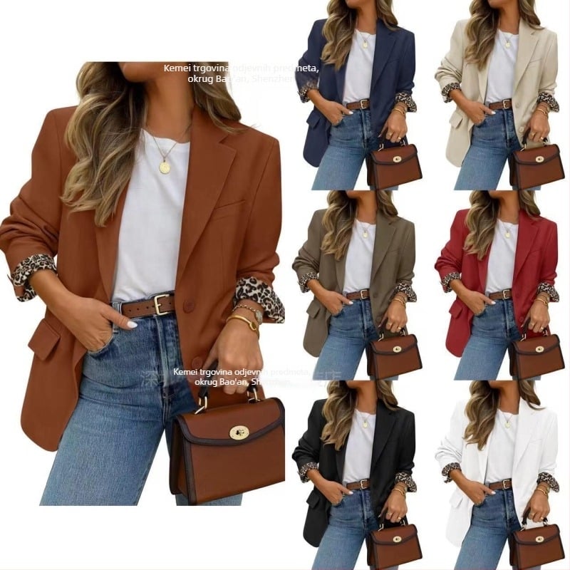 Ženski blejzer s leopard uzorkom na reveru, patchwork poliester, dugi rukavi, britanski stil