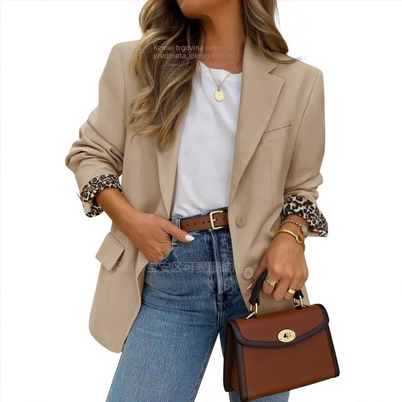 Ženski blejzer s leopard uzorkom na reveru, patchwork poliester, dugi rukavi, britanski stil