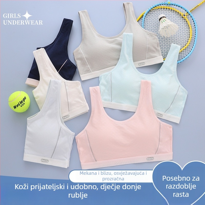 Anfiya dječji sportski grudnjak u stilu prsluka, za djevojčice 9–13 godina, 3/4 cup, tanak oblikovan kalup od spužve, pamuk, fiksirane dvostruke naramenice, prozračno i upija znoj