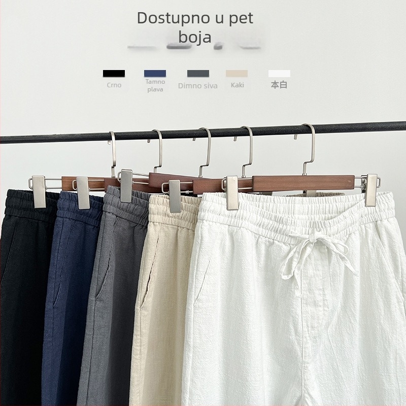 Muške lanene hlače, labav kroj, tanak materijal, ravni kroj, korejski stil