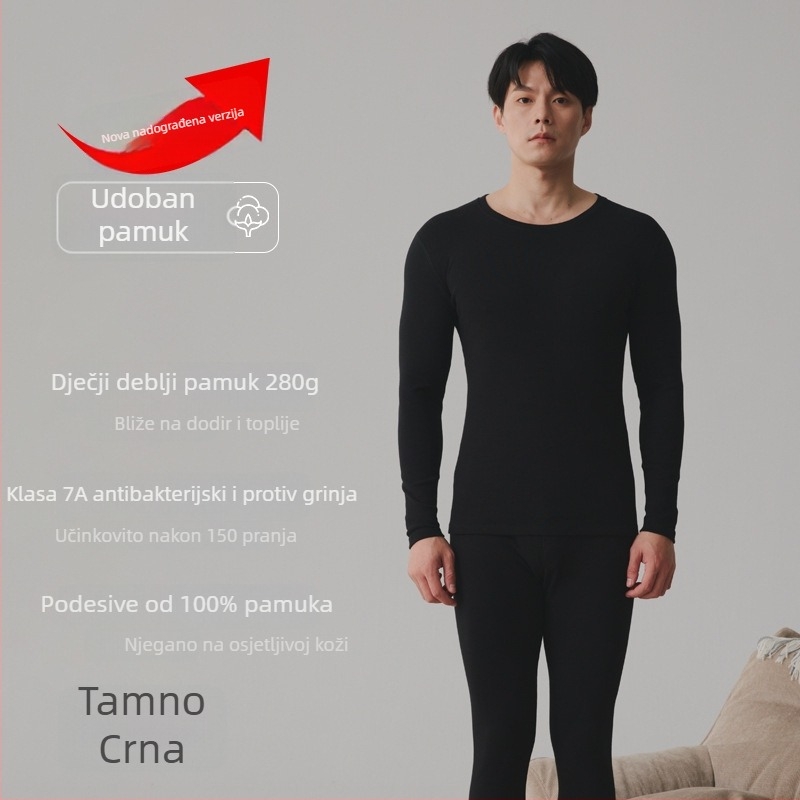 Muški termo komplet donjeg rublja, antibakterijski i topao, gusta pamuk tkanina 251–300 g/m², 90–95% pamuk, dugi rukav s okruglim izrezom i hlače.