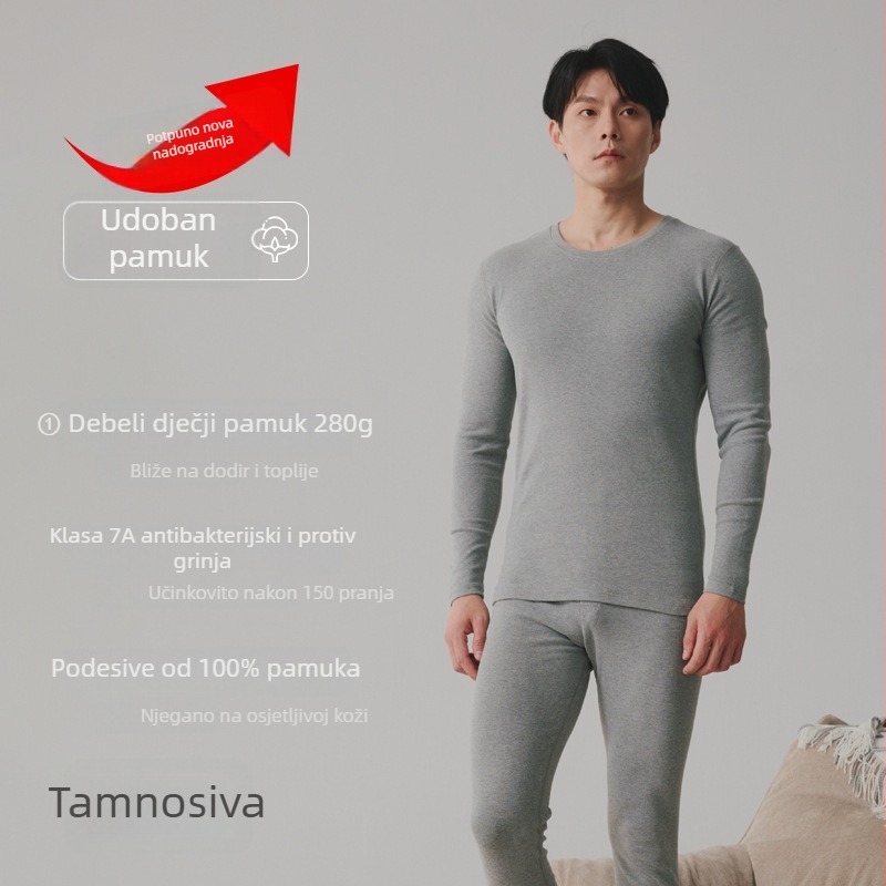 Muški termo komplet donjeg rublja, antibakterijski i topao, gusta pamuk tkanina 251–300 g/m², 90–95% pamuk, dugi rukav s okruglim izrezom i hlače.