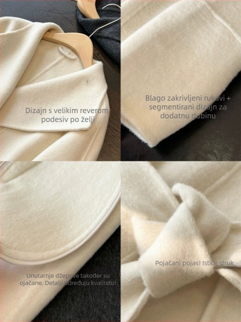 Ženski kaput od ovčje vune, sa stojećim ovratnikom, slobodan kroj, srednje duljine (65-80 cm)