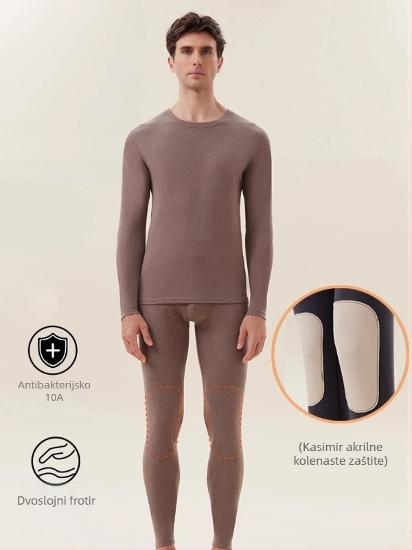 Muški termalni set donjeg rublja s zaštitom koljena i struka, antibakterijski, zadržava toplinu, debeli osnovni sloj, dugi rukavi, okrugli izrez