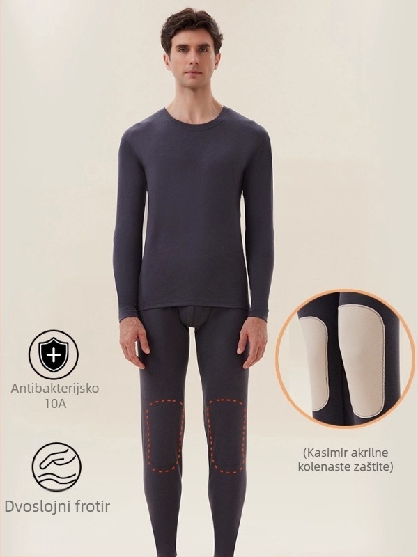 Muški termalni set donjeg rublja s zaštitom koljena i struka, antibakterijski, zadržava toplinu, debeli osnovni sloj, dugi rukavi, okrugli izrez