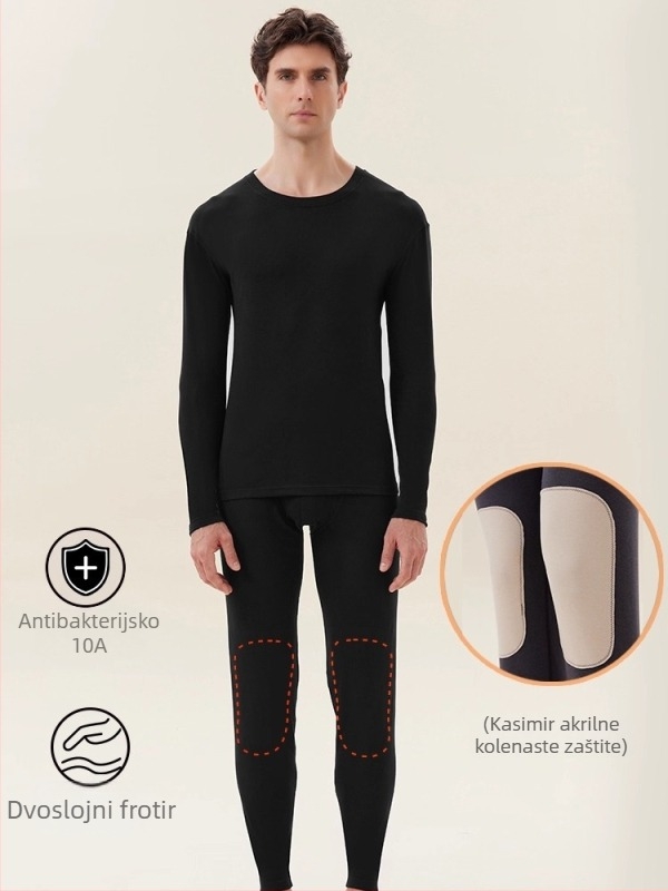 Muški termalni set donjeg rublja s zaštitom koljena i struka, antibakterijski, zadržava toplinu, debeli osnovni sloj, dugi rukavi, okrugli izrez