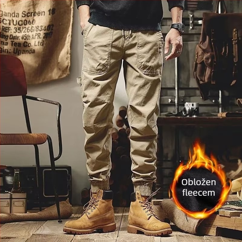 Zimske hlače u japanskom stilu, vintage s fleec podstavom, unisex, labavi kroj, srednji porast struka, mješavina kemijskih vlakana